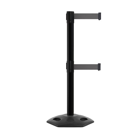 Montour Line Stanchion Dual Belt Barr. Rubber Base Black Post 9ft.Dk Gry Belt P400DRB-BK-DGY-90
